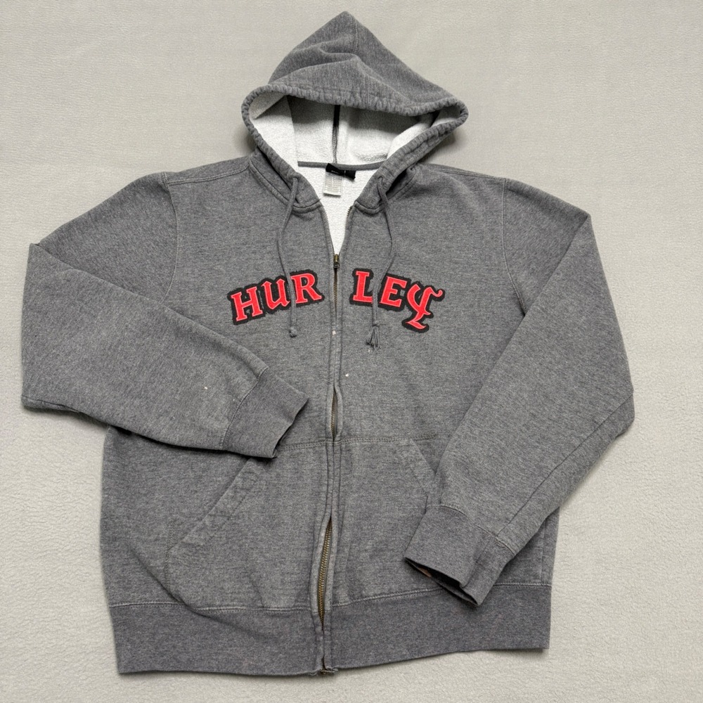 Hurley Hoodie Zip Up Mens L Gray Embroidered Logo Skate Surf Cotton Blend